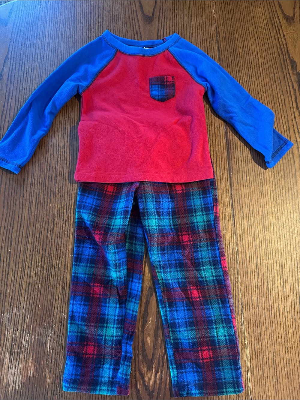 Lands' End Red Top with Blue Raglan Sleeves & Blue/Red Plaid Pants Pajama Set